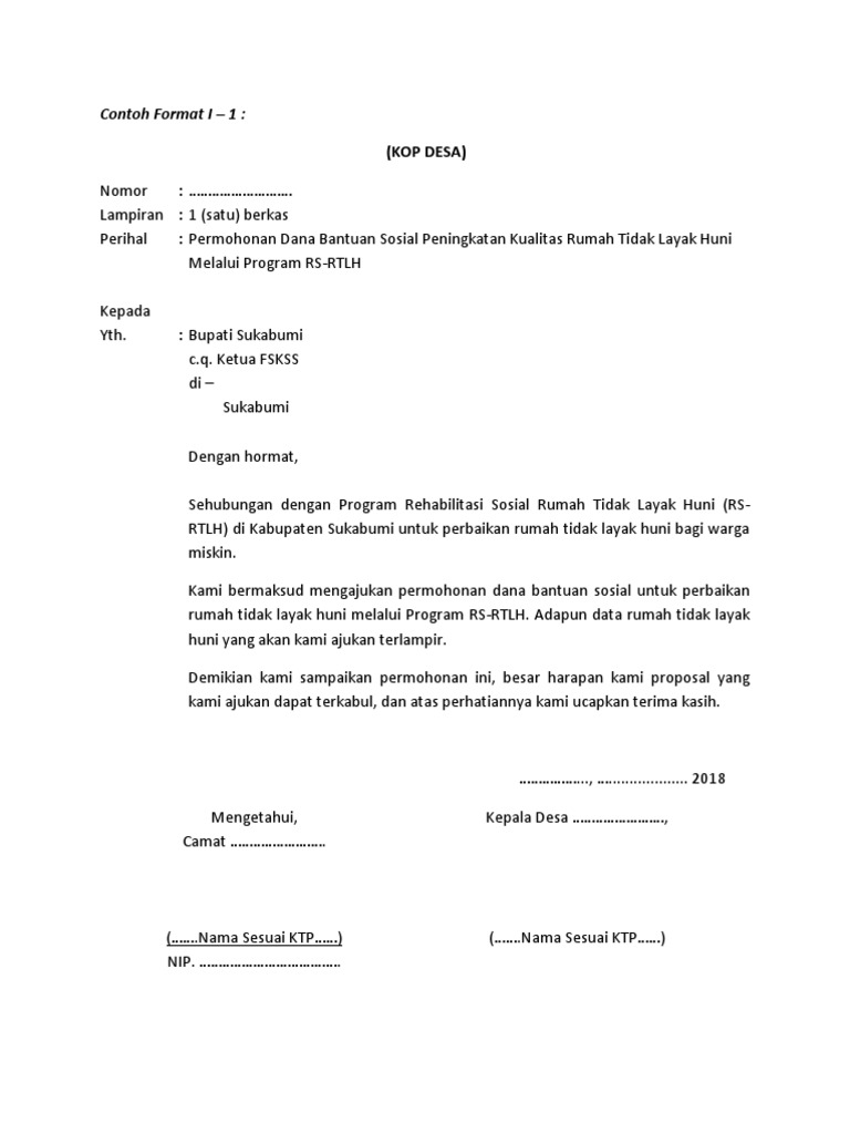 Contoh Format I - Surat Permohonan Bantuan RS RTLH | PDF