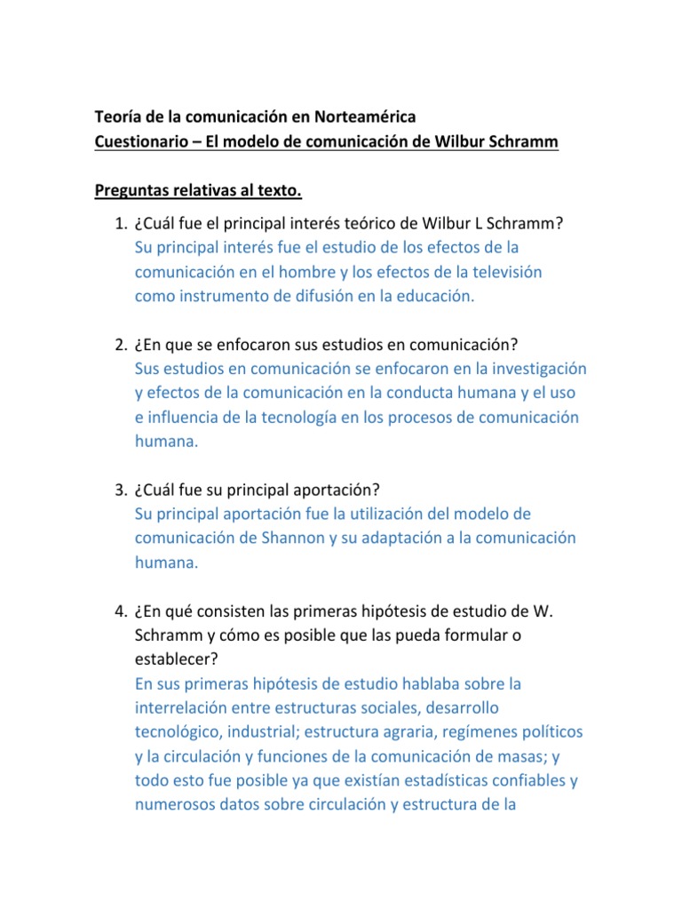 Schramm. Cuestionario | PDF | Medios de comunicación) | Sociedad