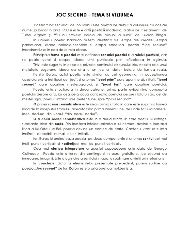 Joc Secund Tema Si Viziunea Despre Lume