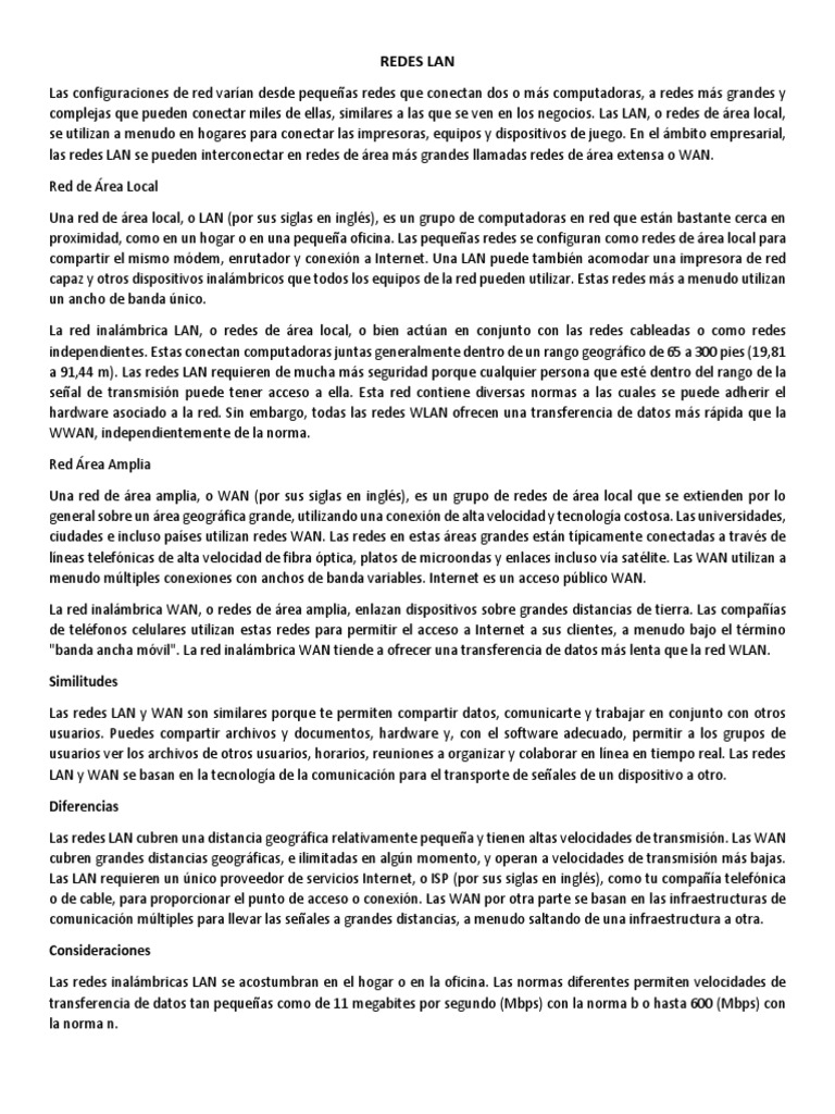 Redes LAN y WAN: Componentes y Comparativa | PDF | Red de área amplia ...