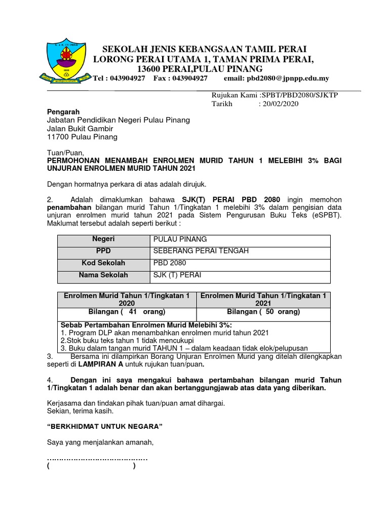 Contoh Surat Permohonan Mengurangakan Enrolmen Spbt