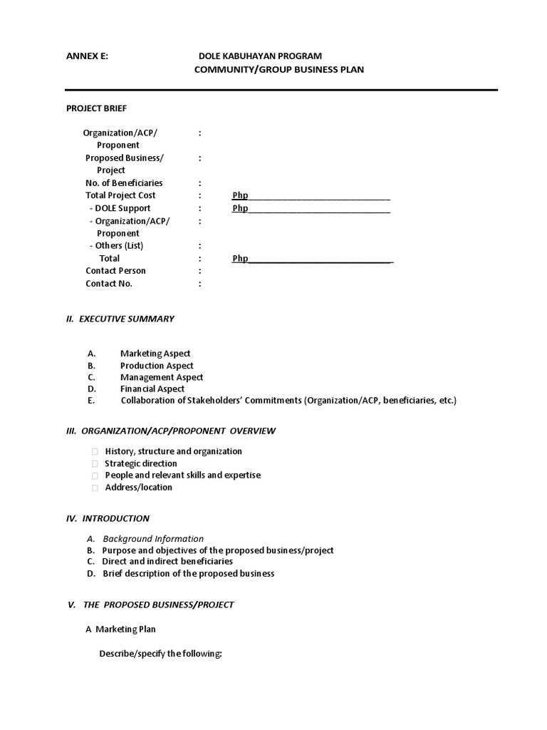 dole kabuhayan program individual business plan sample