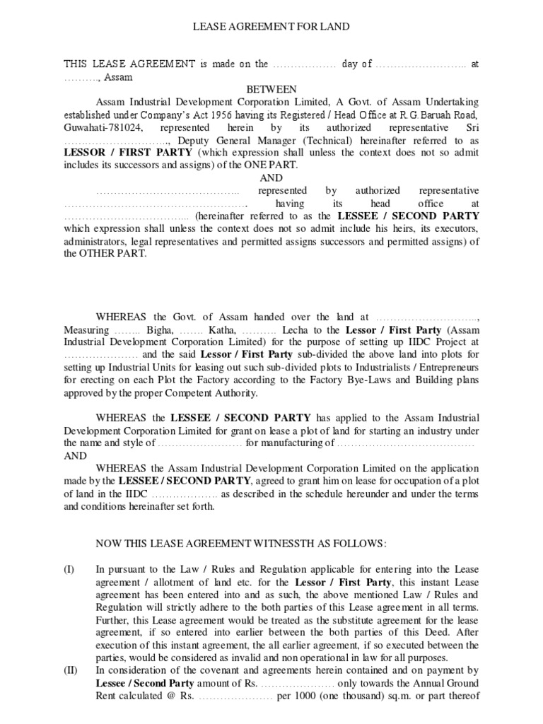 Land Lease Agreement Assam PDF Lease Property