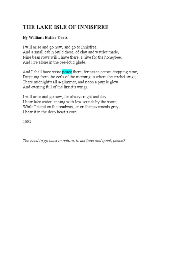 The Lake Isle of Innisfree: by William Butler Yeats | PDF
