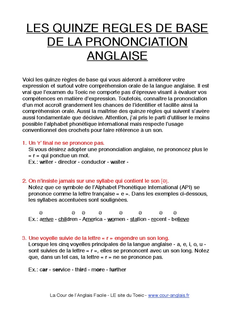 A La Base En Anglais Les Quinze Règles de Base de La Pronociation Anglaise | PDF