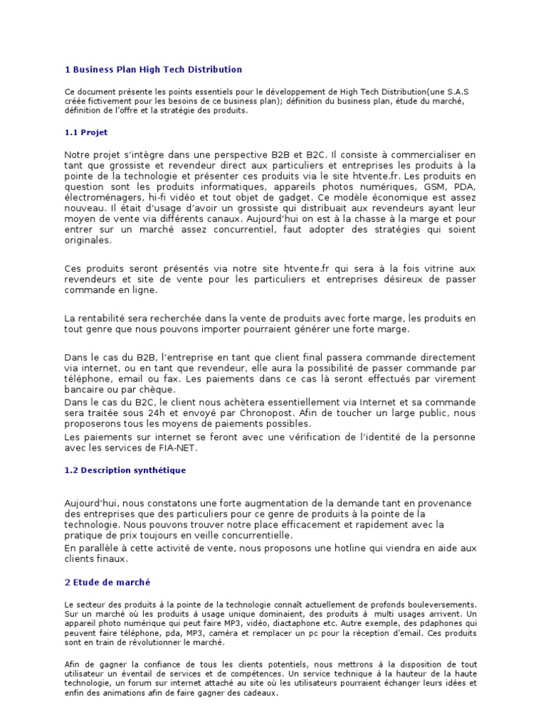 Business Plan High Tech Distribution Pdf Sodles Commercialisation