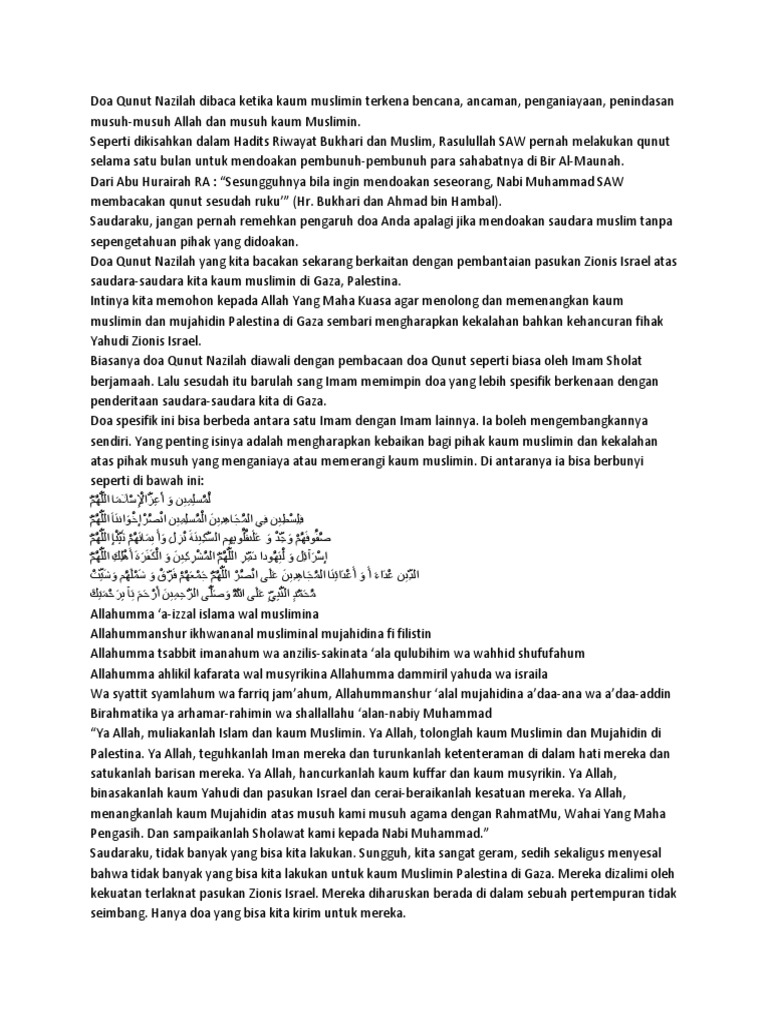 Doa Qunut Nazilah Dibaca Ketika Kaum Muslimin Terkena Bencana | PDF