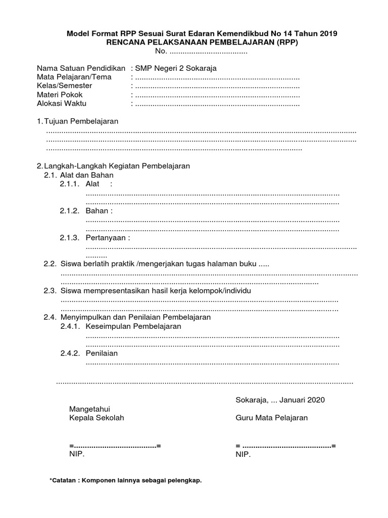 Format RPP Sesuai Surat Edaran Mendikbud No 14 Tahun 2019 eDIT | PDF