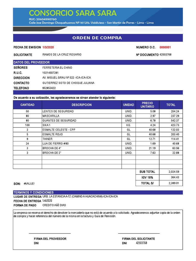 03 Orden de Compra Consorcio Sara Sara | PDF