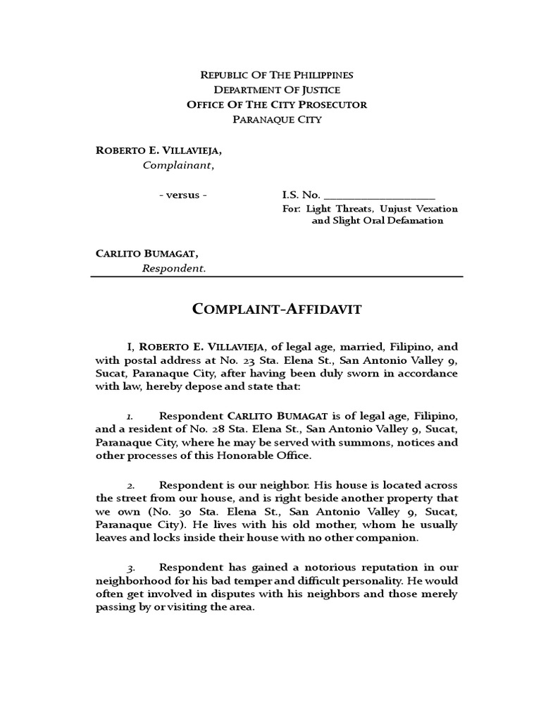 Sample Unjust Vexation, Grave Threats Complaint PDF