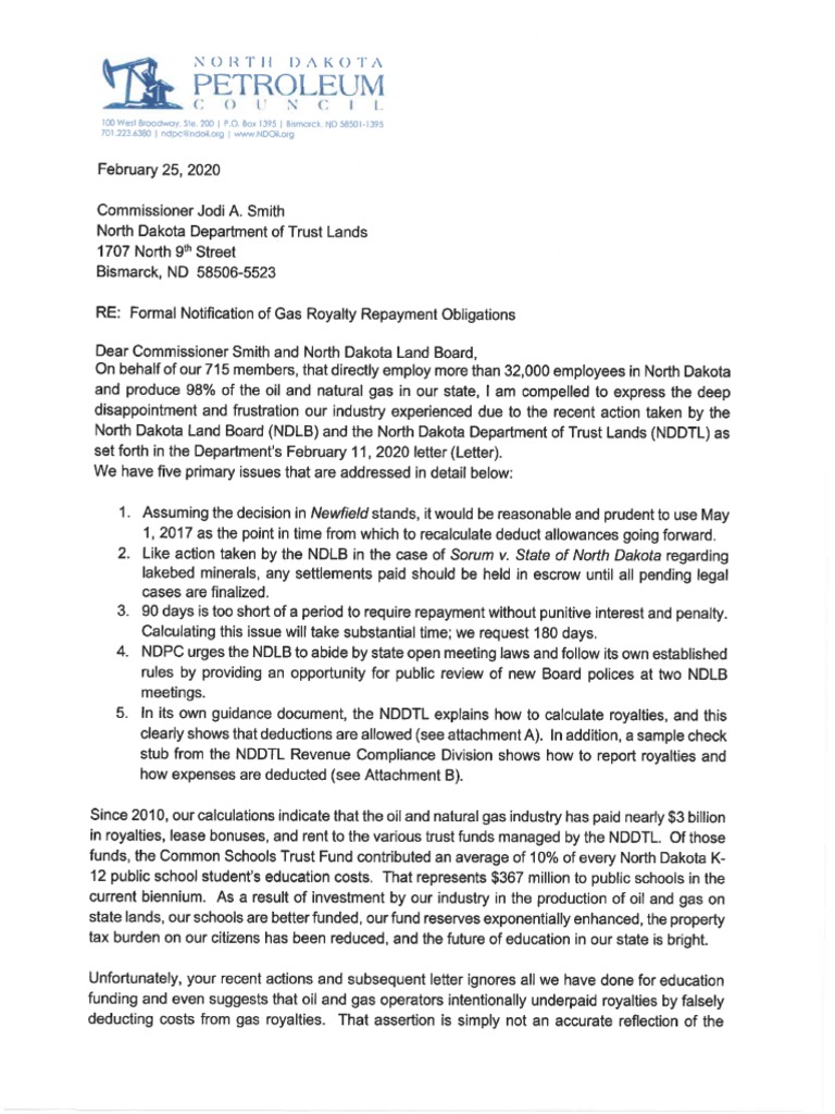NDPC Letter Re NDLB Unpaid Gas Royalty Repayment Policy | PDF