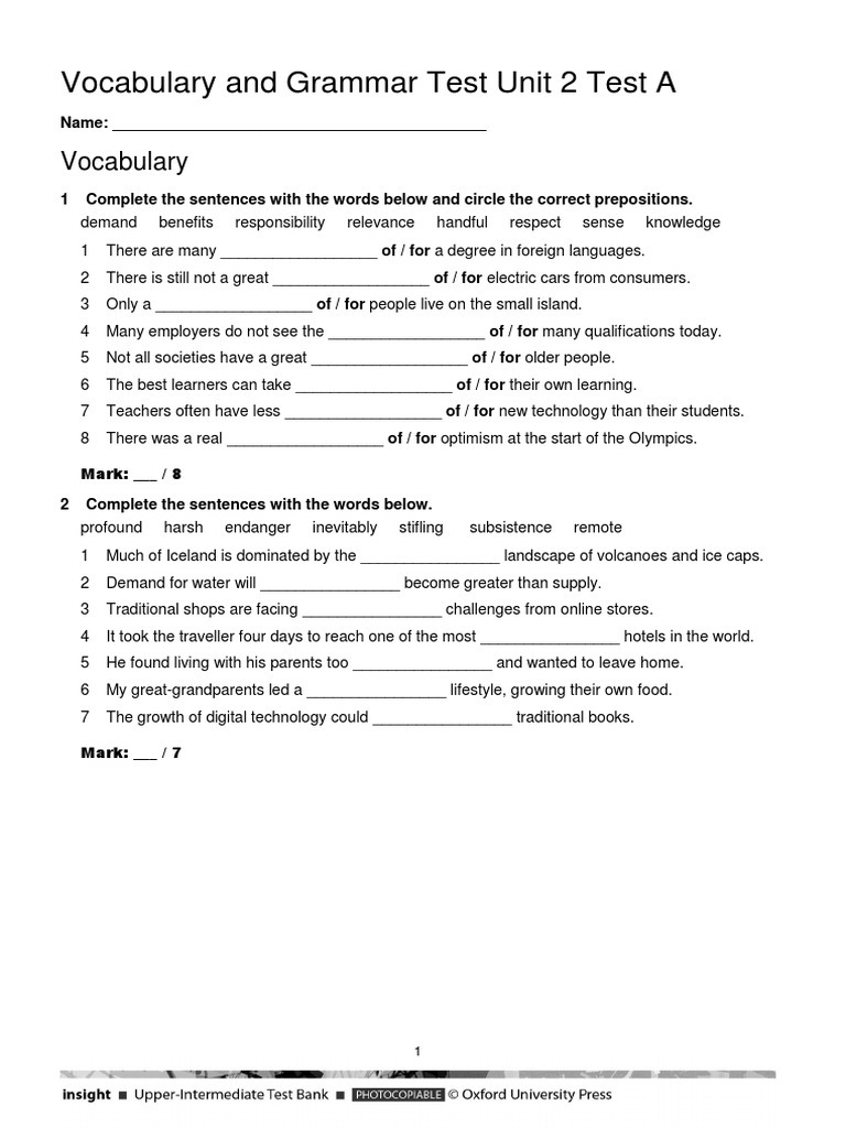 Voary Grammar Test Unit 2 Test A
