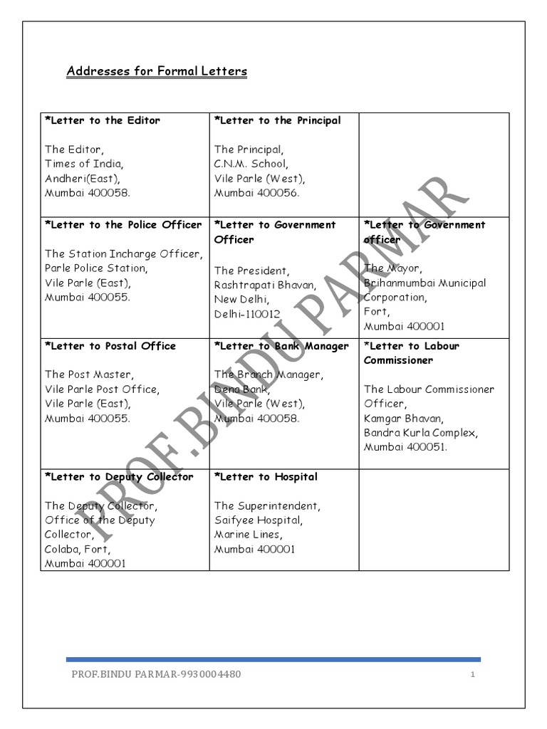 Mumbai Addresses for Letter Writing | PDF
