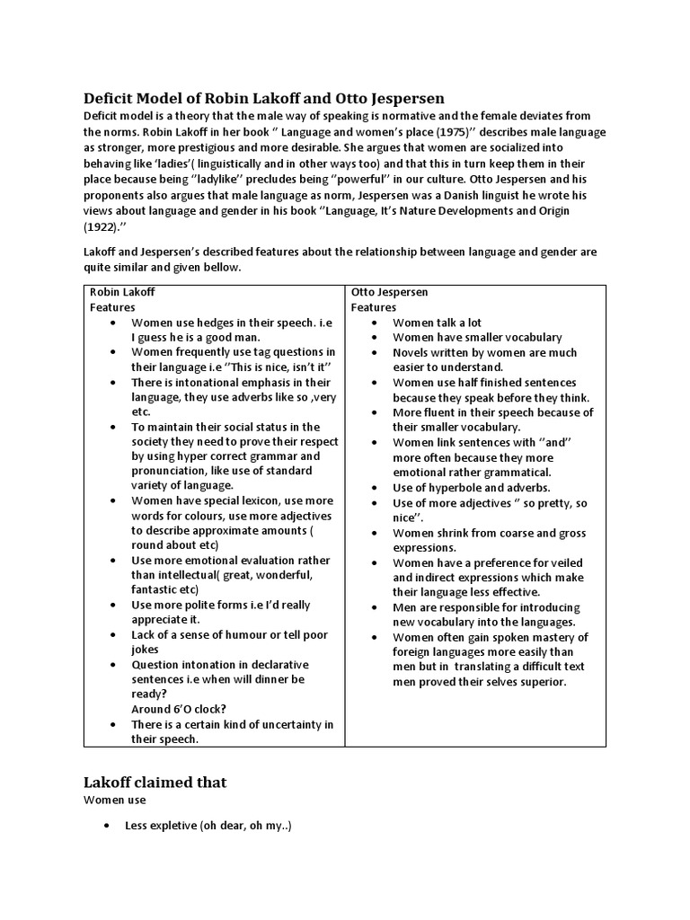 Lakoff and Jespersen's Deficit Model | PDF | Language Arts & Discipline ...
