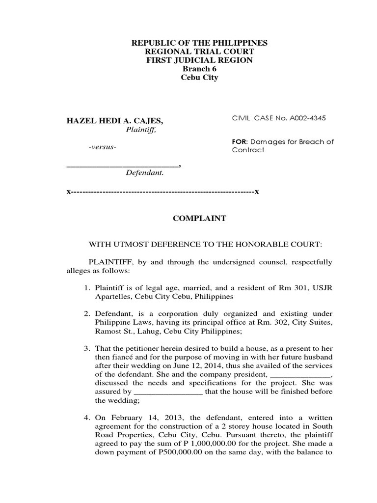 Breach of Contract - Complaint | PDF | Damages | Liquidated Damages
