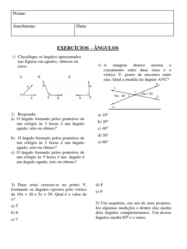 8o Ano - Exercício - Ângulos | PDF