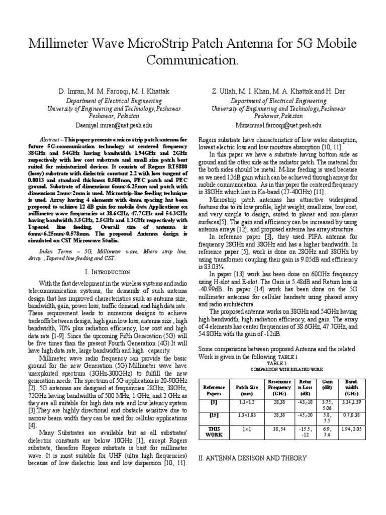 Millimeter Wave Microstrip Patch Antenna For 5G Mo | PDF | Antenna ...