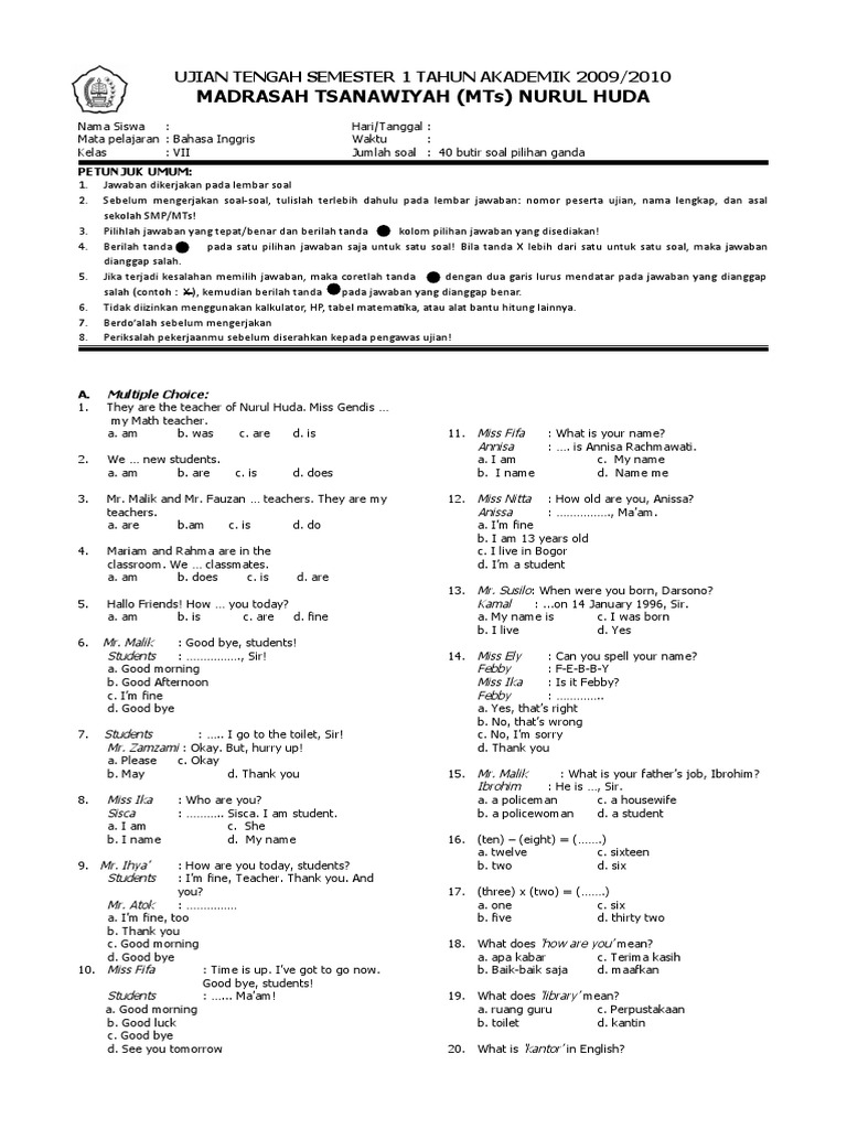 Soal Tes Uraian Matching Bahasa Inggris Smp