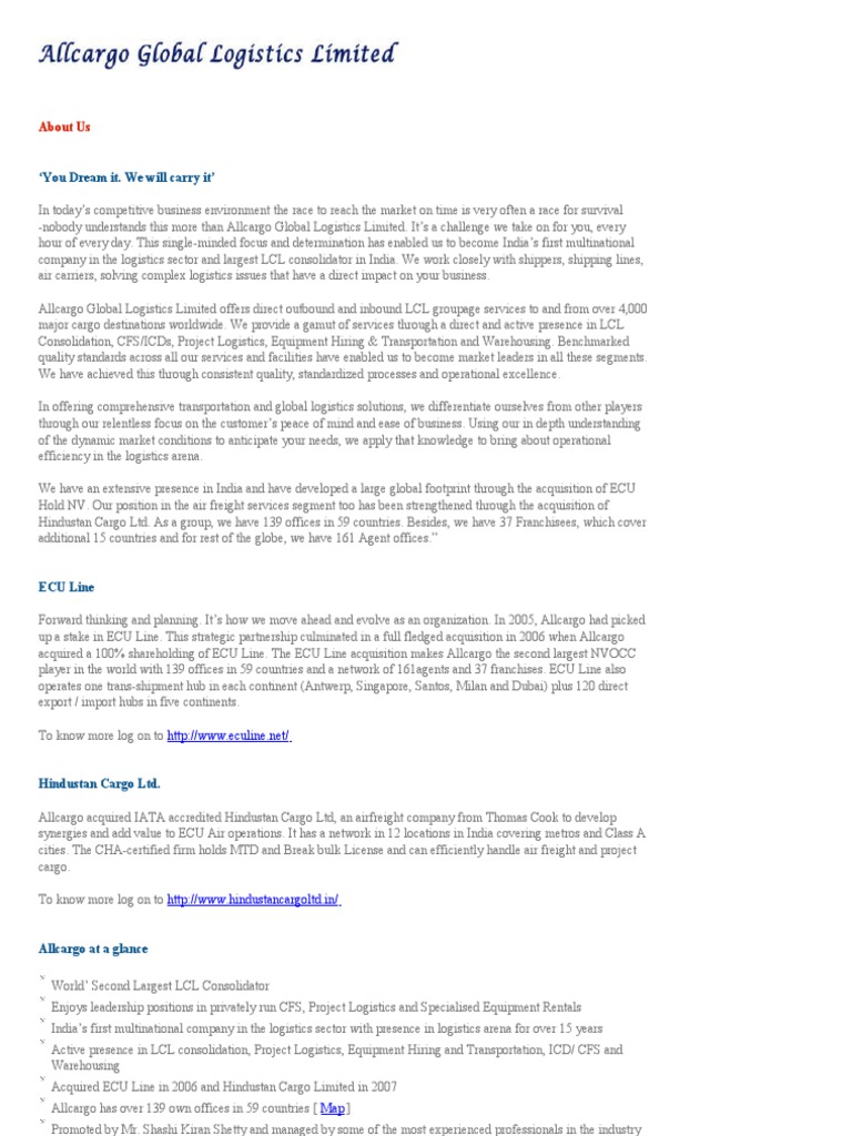 Allcargo Global Logistics Overview | PDF | Cargo | Containerization