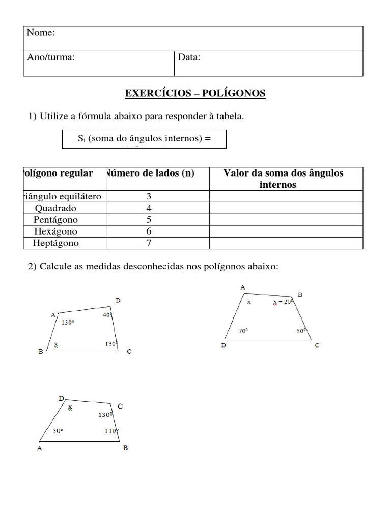 Exercícios de Polígonos - 8º Ano | PDF | Métodos e Materiais de Ensino