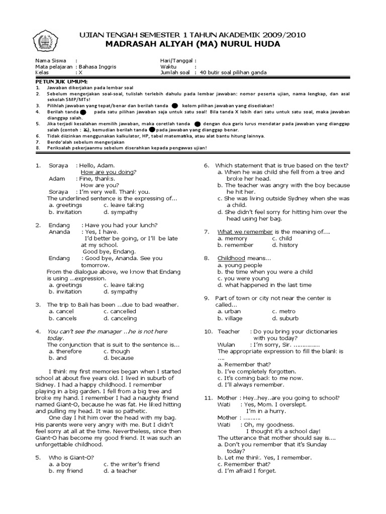 Soal Bahasa Inggris Kelas 10