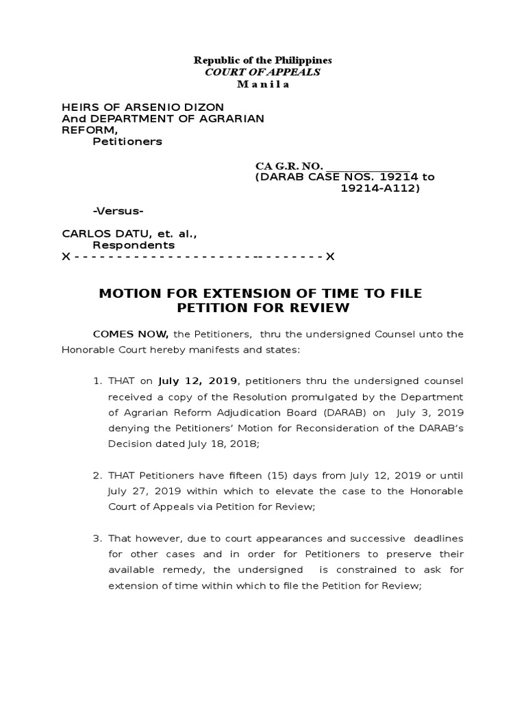 Motion for Extension in DARAB Case | PDF | Legal Procedure | Judiciaries