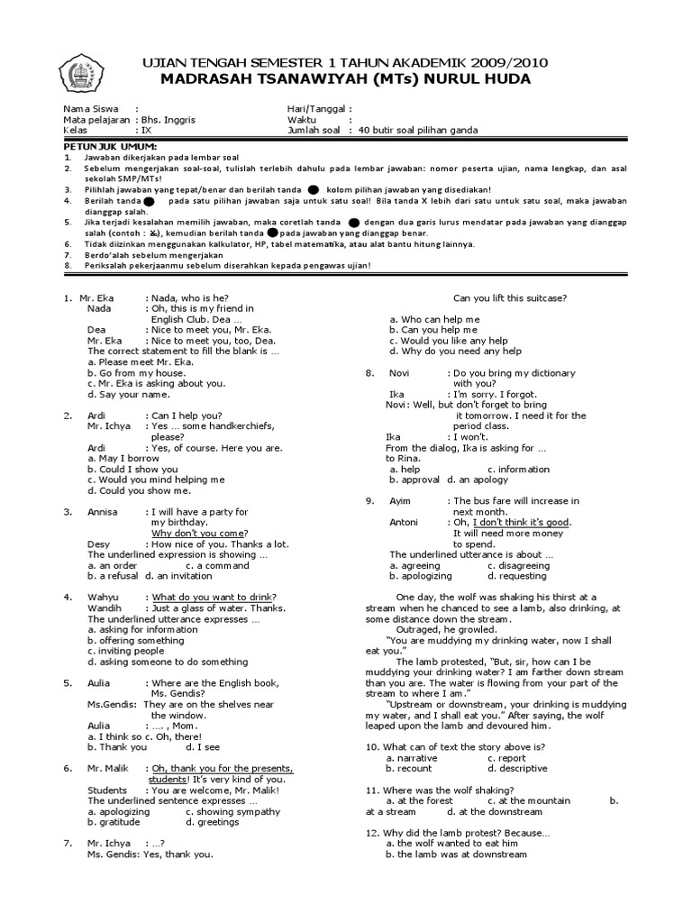 Soal Remedial Bahasa Inggris Kelas 8