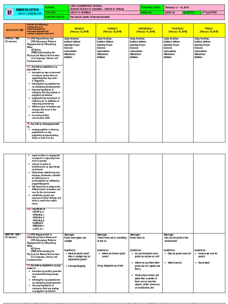 KINDERGARTEN-DLL Week 34 (February 12 - 16, 2018) Asf - Docx Version 1 ...