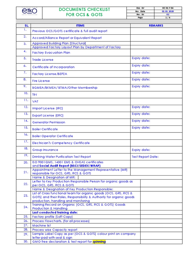 Documents Checklist For Ocs & Gots 2020.01.01 PDF Occupational