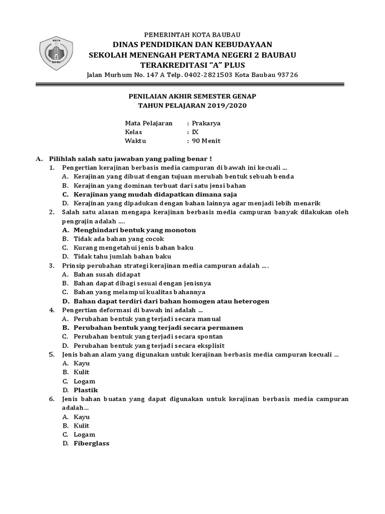 Soal Prakarya Kelas 9 Genap