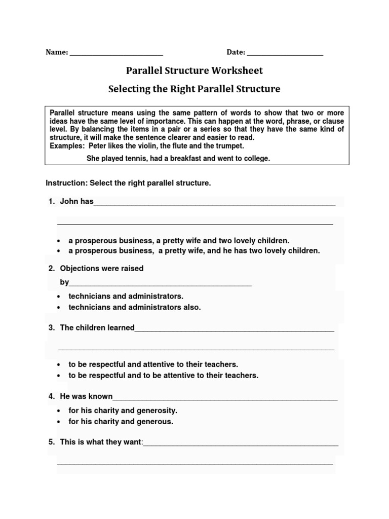 Parallel Structure Worksheet and Answers | PDF | Classroom | Cognitive ...