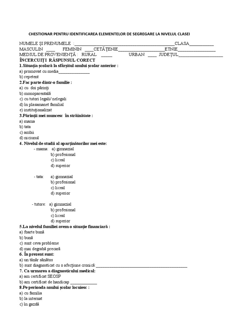 Chestionar Identificarea Segregarii La Nivelul Clasei | PDF