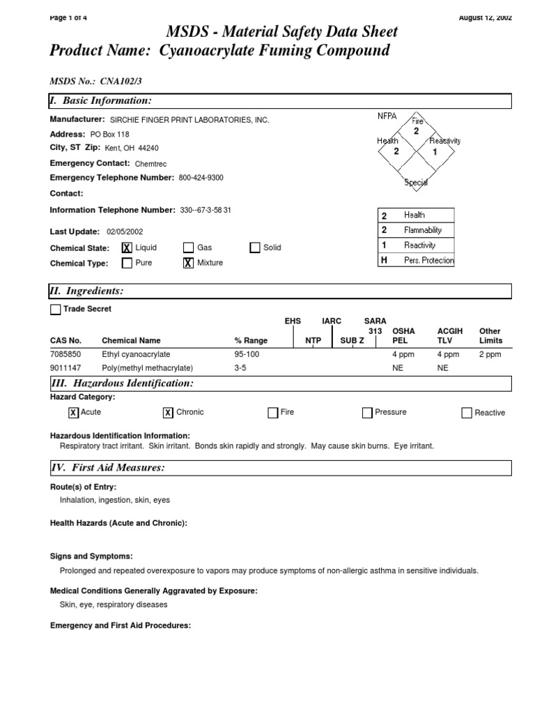 MSDS Cyano Acrylate PDF