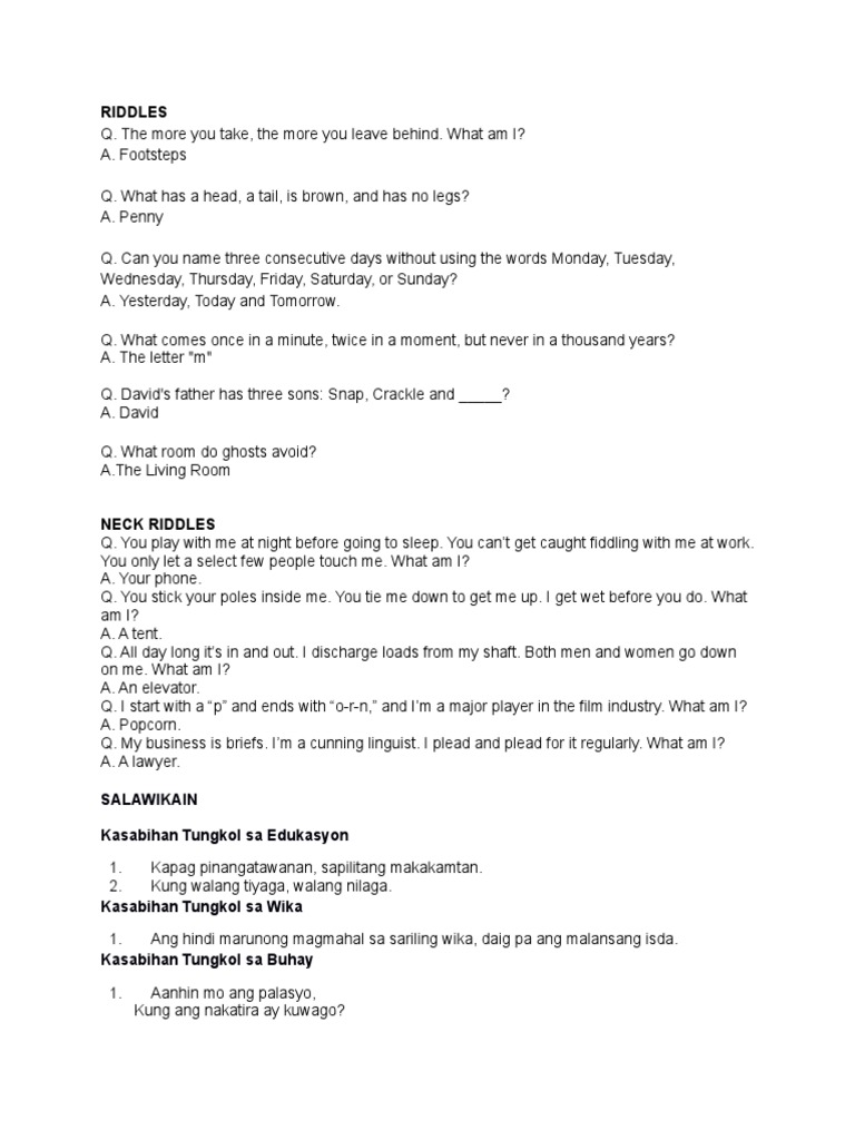 Riddles, Proverbs and Salawikain | PDF