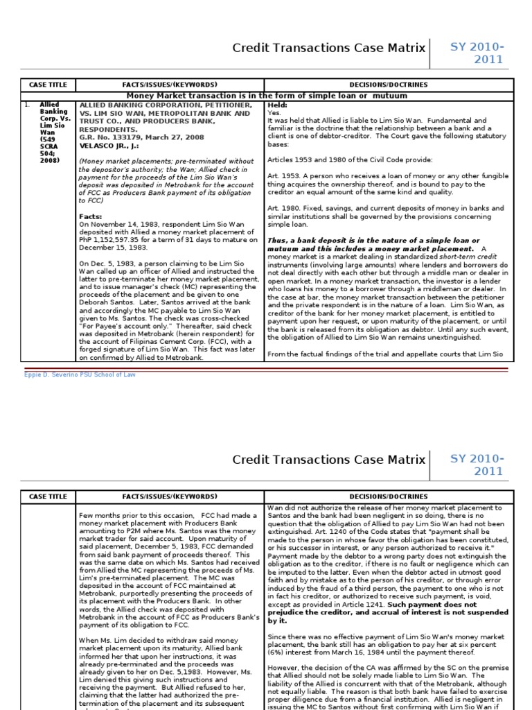 Credit Transactions Case Analysis 2010-2011 | PDF | Usury | Interest