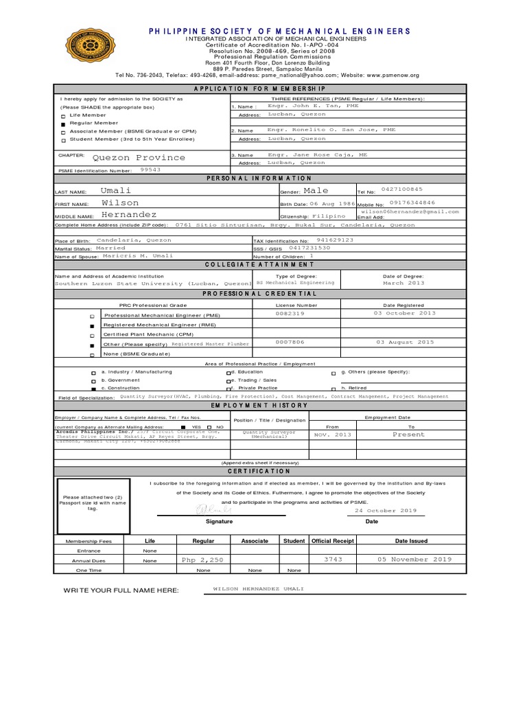 PSME APPLICATION FORM - Rev 2013 1 PDF | PDF