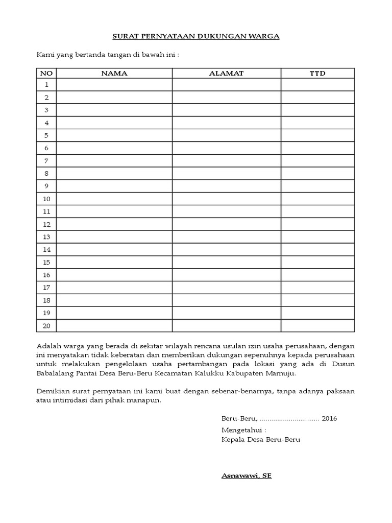 Surat Pernyataan Dukungan Warga Pdf