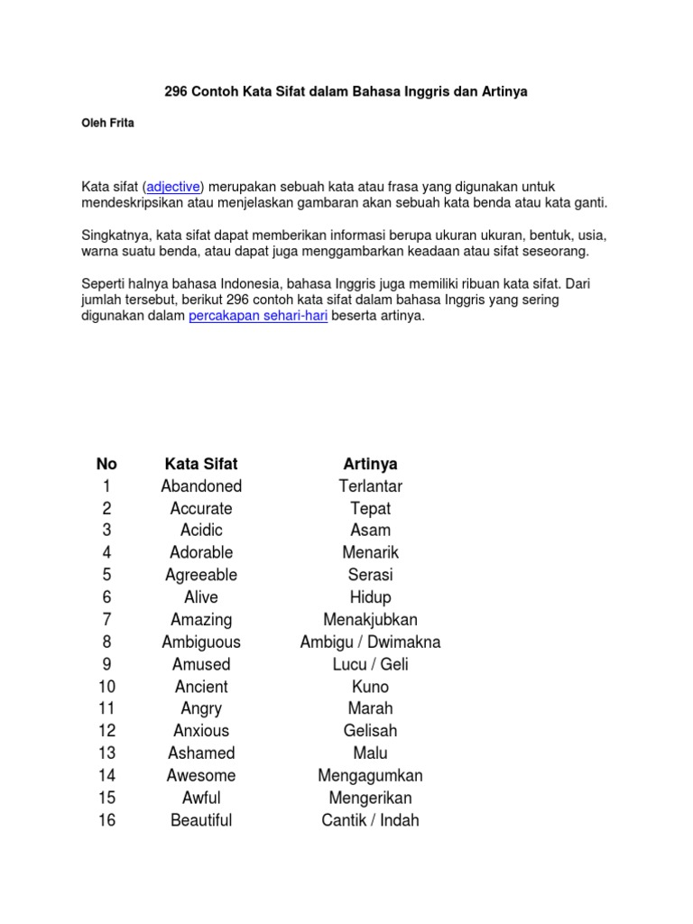 296 Contoh Kata Sifat Dalam Bahasa Inggris Dan Artinya