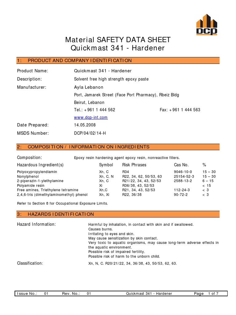 Quickmast 341 - Hardener - MSDS | PDF