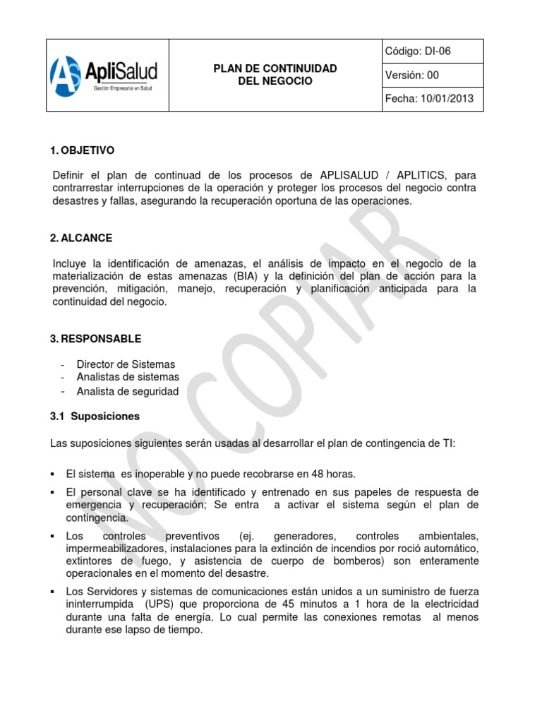 Modelo Plan de Continuidad Del Negocio | PDF
