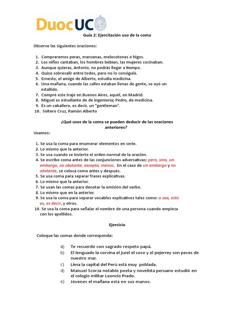 Ejercicios sobre el uso de la coma | PDF