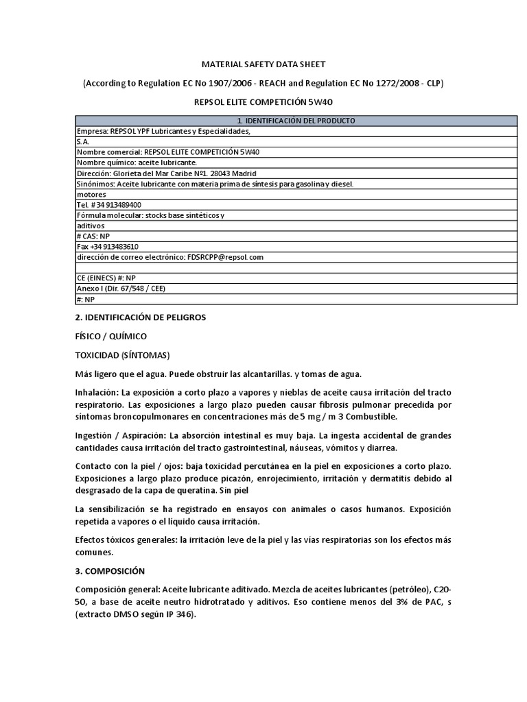MSDS - Repsol Elite Traduccion | PDF