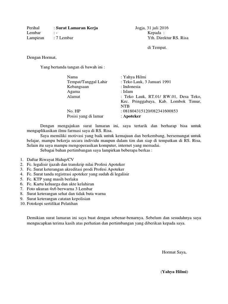 Surat Lamaran Kerja Apoteker RS. Risa | PDF