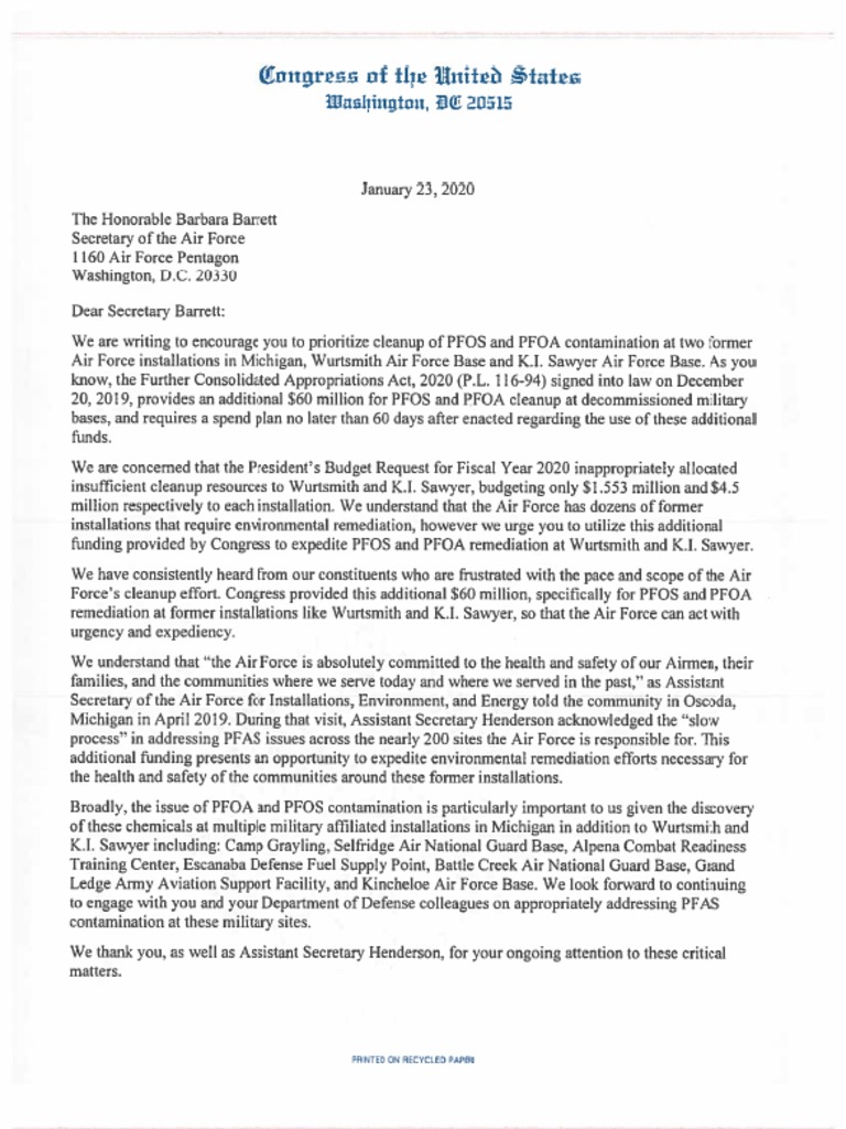 1.23.20 PFAS Letter To Air Force | PDF