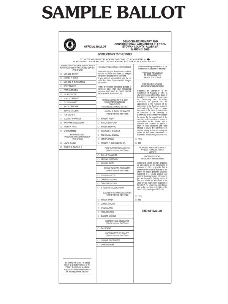 Etowah County Democratic Primary Election Sample Ballot 2020 Download