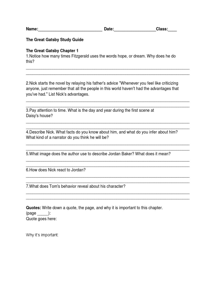 Great Gatsby Study Guide | Download Free PDF | The Great Gatsby | Novels