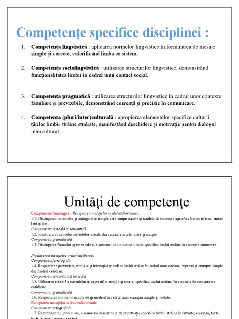 Competențe Specifice Disciplinei Clasei A 5 | PDF
