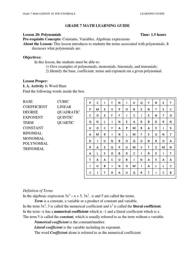 Understanding Polynomials in Grade 7 | PDF | Polynomial | Mathematics ...
