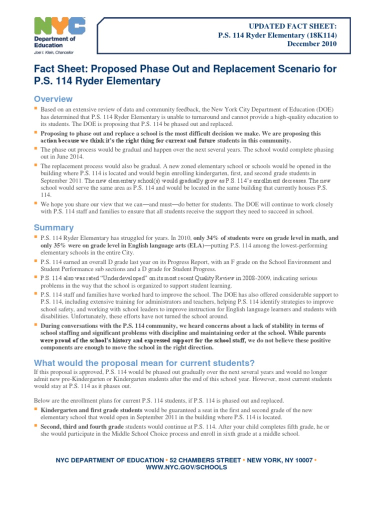 NYC DOE Fact Sheet On Closure of PS 114 in Brooklyn | PDF | Schools ...