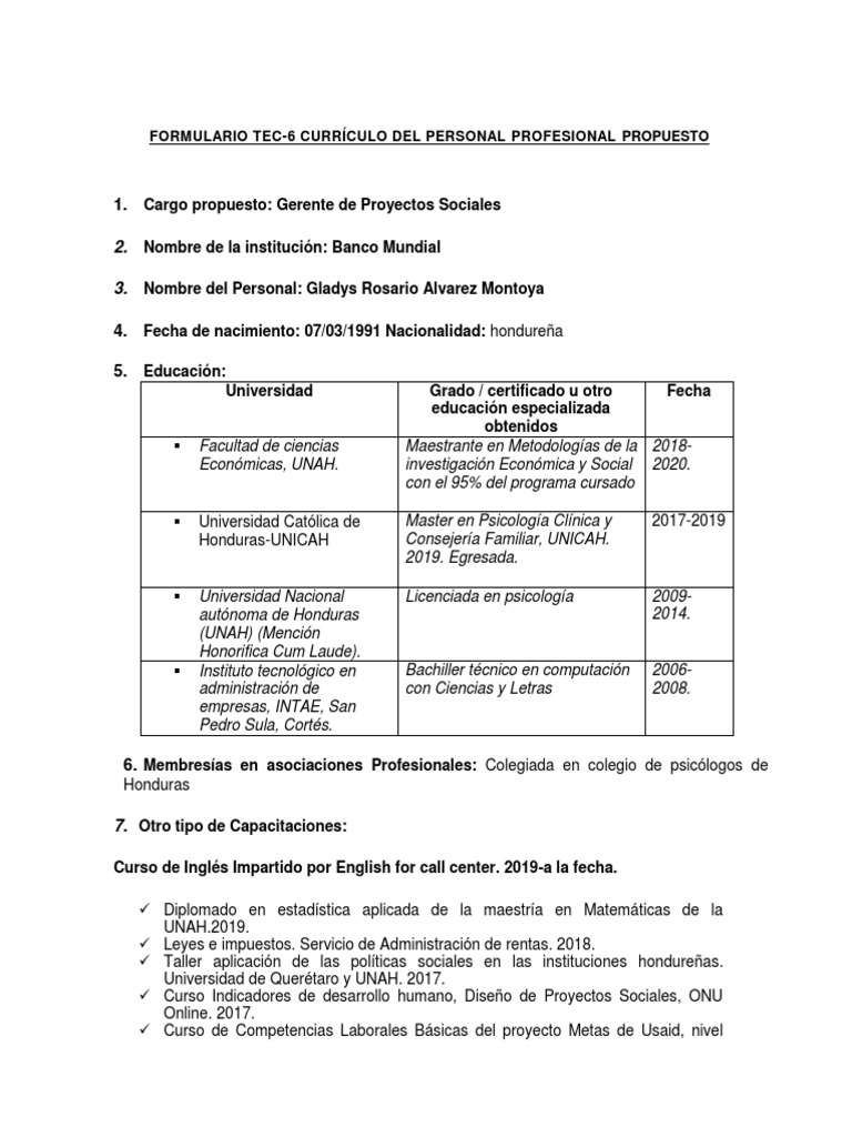 Formulario TEC-6: Currículo Profesional | PDF | Honduras | Sicología